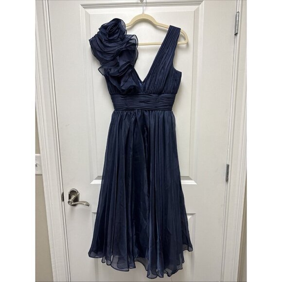 Mac Duggal Size 0 Navy 49494 Sleeveless Chiffon A-Line Midi Cocktail Dress Prom - Picture 5 of 11